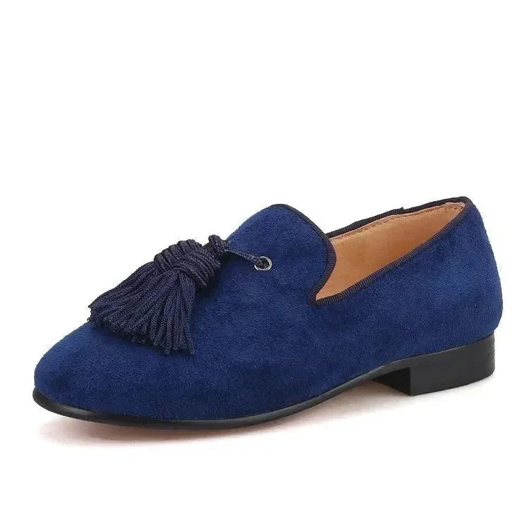 Kids Loafers Navy Suede Kids' Smoking Tassel Loafers for Parties and Birthdays with Red Bottoms -Guocali