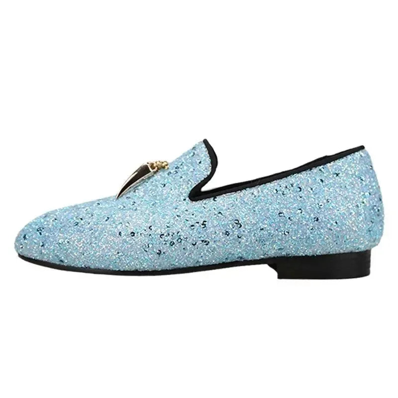 Kids Loafers Starry Strides: Toddler Loafers in Sky Blue Glitter Sequins with Metal Tassel Buckle and Vibrant Red Outsole -Guocali