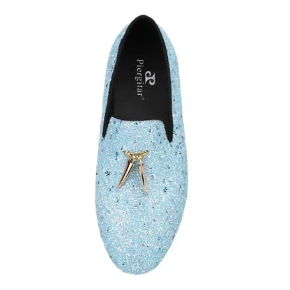 Kids Loafers Starry Strides: Toddler Loafers in Sky Blue Glitter Sequins with Metal Tassel Buckle and Vibrant Red Outsole -Guocali