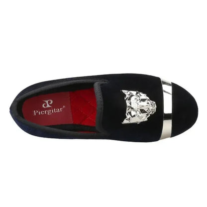 Kids Loafers Velvet Navy Delight: Handmade Children's Loafers with Silver Buckle -Guocali
