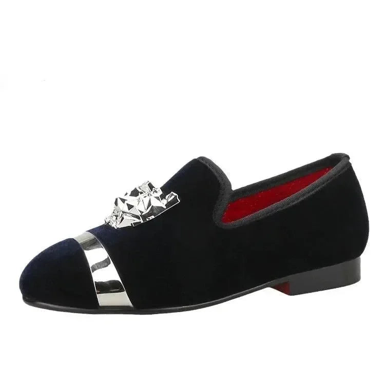 Kids Loafers Velvet Navy Delight: Handmade Children's Loafers with Silver Buckle -Guocali