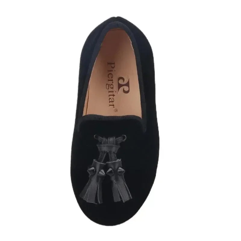 Kids Loafers Velvet Sophistication: Black Velvet Children's Spiked Loafer Shoes with Tassel -Guocali