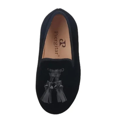 Kids Loafers Velvet Sophistication: Black Velvet Children's Spiked Loafer Shoes with Tassel -Guocali