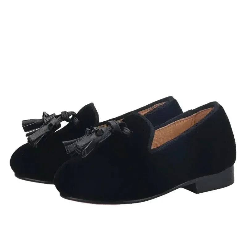 Kids Loafers Velvet Sophistication: Black Velvet Children's Spiked Loafer Shoes with Tassel -Guocali