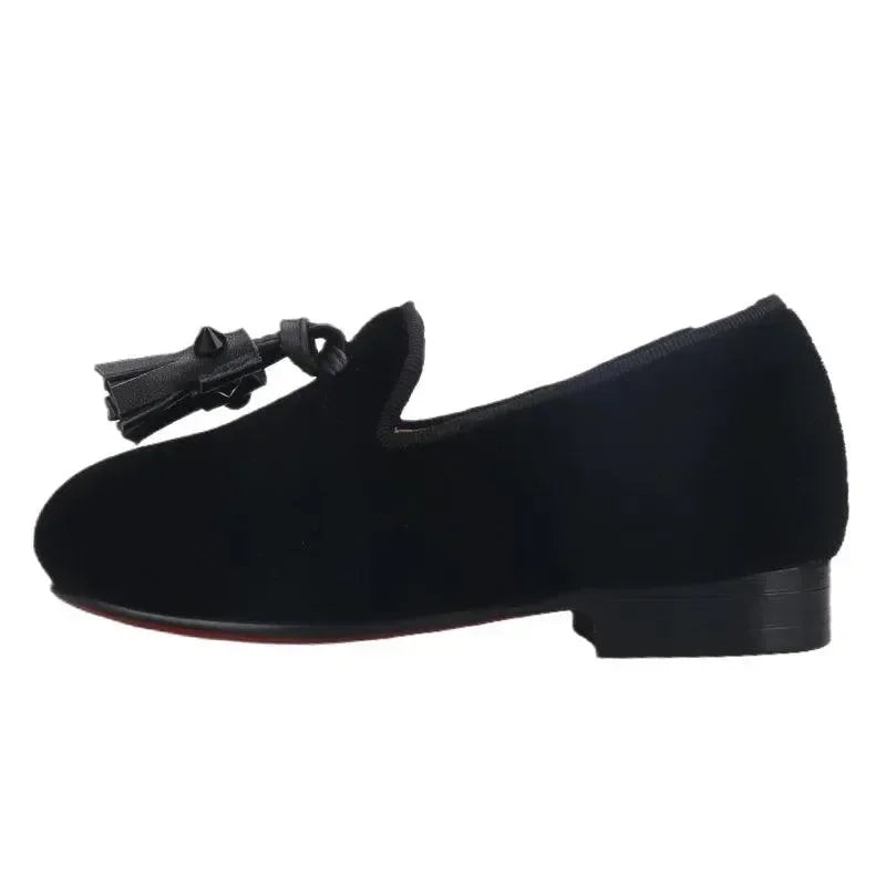 Kids Loafers Velvet Sophistication: Black Velvet Children's Spiked Loafer Shoes with Tassel -Guocali