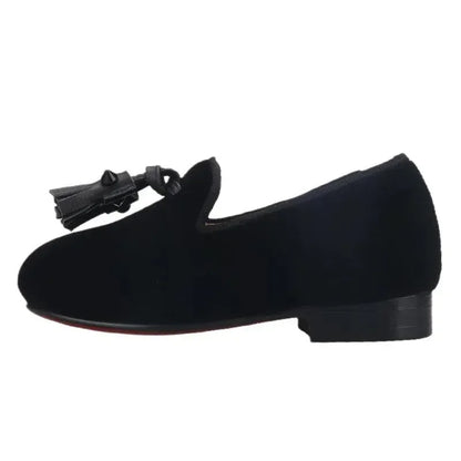 Kids Loafers Velvet Sophistication: Black Velvet Children's Spiked Loafer Shoes with Tassel -Guocali