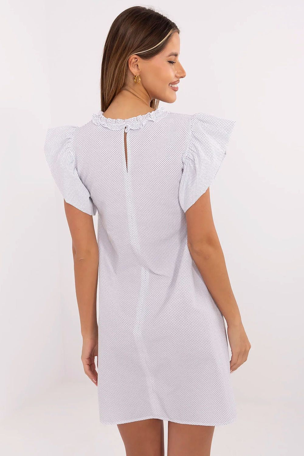 Knee Length Dress – Round Neck, A-Line, Ruffle Trim – Daydress | GUOCALI – view 9