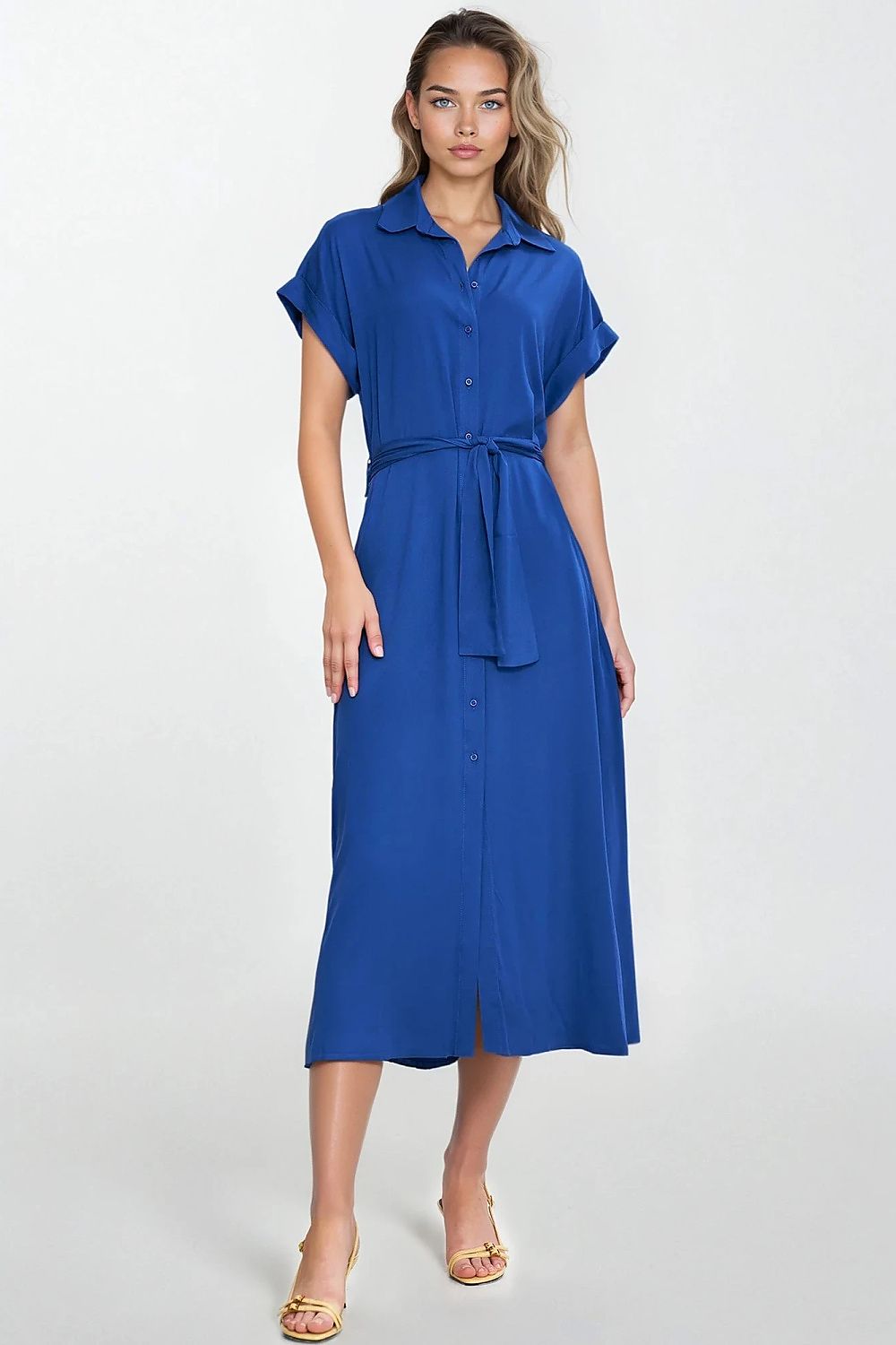 Knee Length Shirt Dress – Round Neck, A-Line, Pockets – Daydress | GUOCALI – view 5