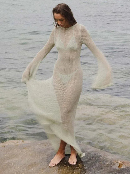 Knitted Long-Sleeved Backless Beach Cover-Up -Guocali