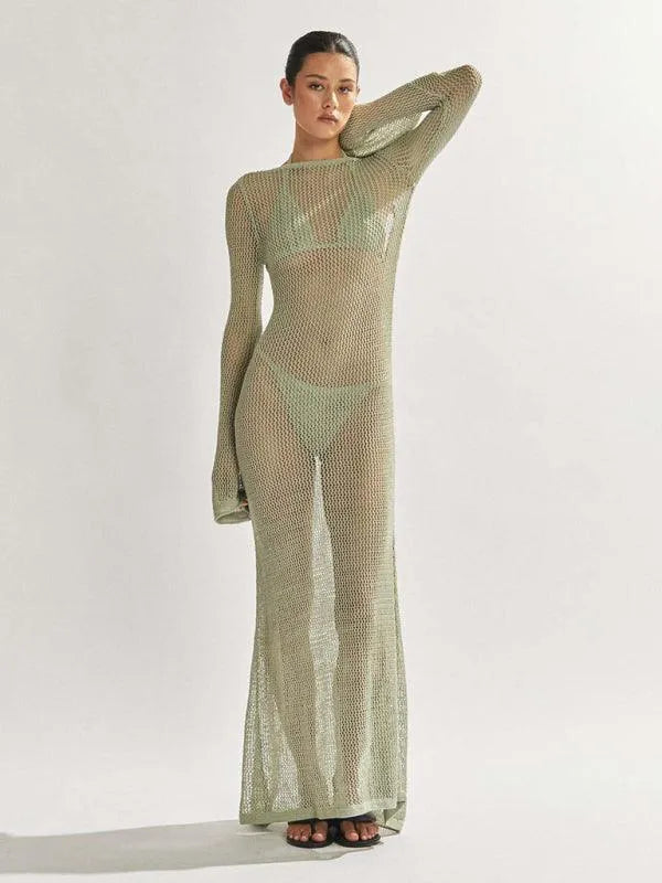 Knitted Long-Sleeved Backless Beach Cover-Up -Guocali