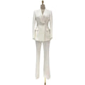 White women's pantsuit with notched collar and fitted blazer on mannequin