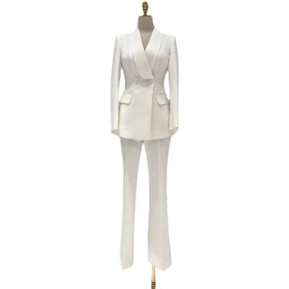 White women's pantsuit with notched collar and fitted blazer on mannequin