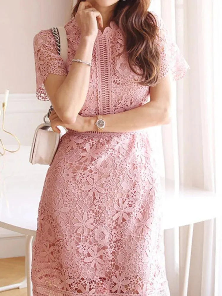 Lace Hollow Midi Waist Dress -Guocali