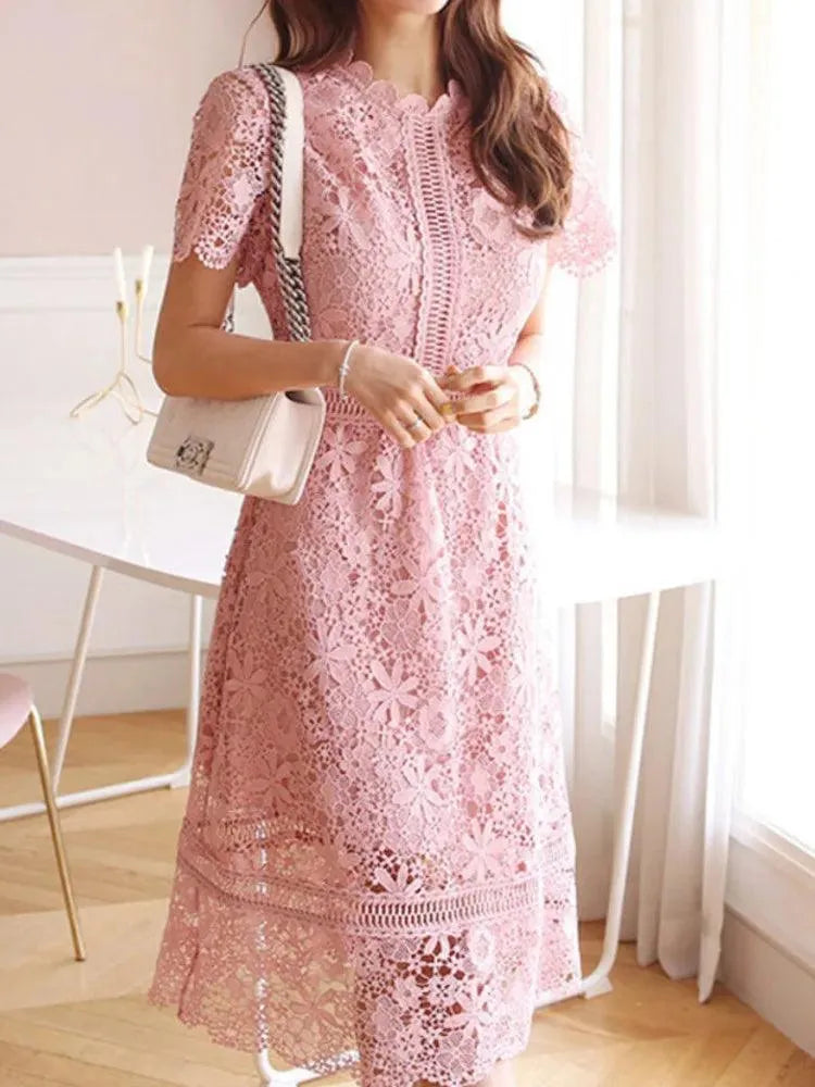 Lace Hollow Midi Waist Dress -Guocali