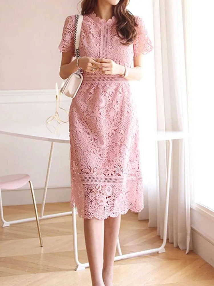 Lace Hollow Midi Waist Dress -Guocali