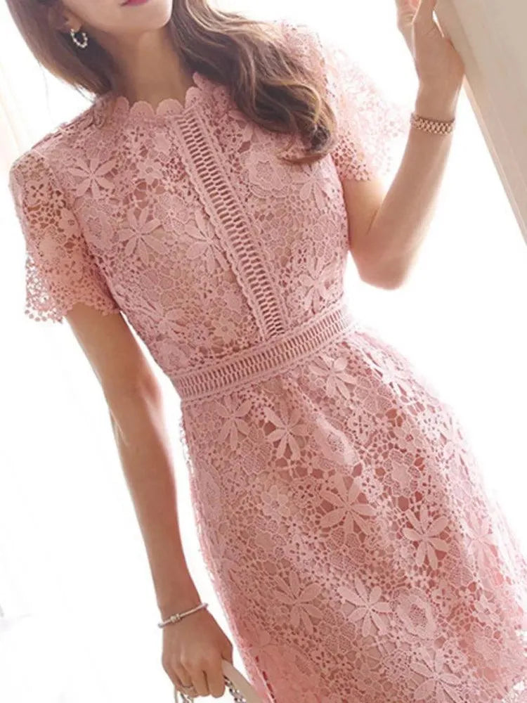 Lace Hollow Midi Waist Dress -Guocali