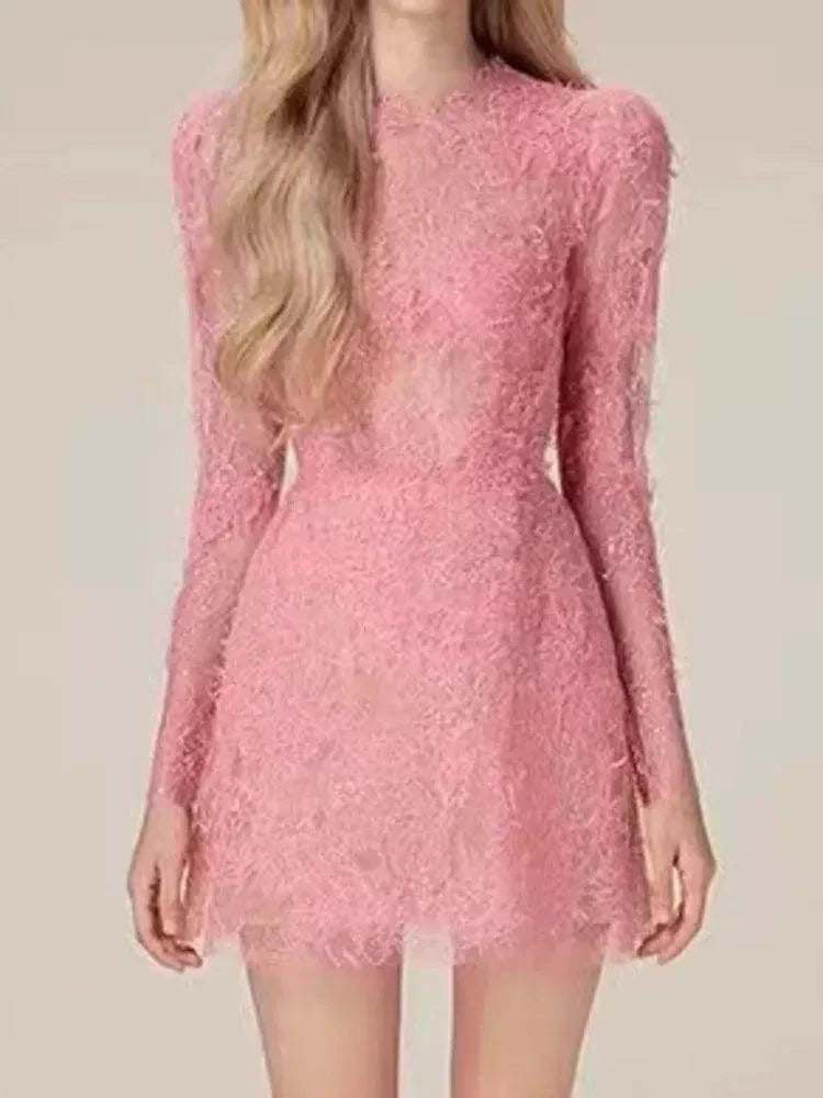 Lace Long Sleeve 3D Petal Dress – Elegant A-Line Short Dress -Guocali