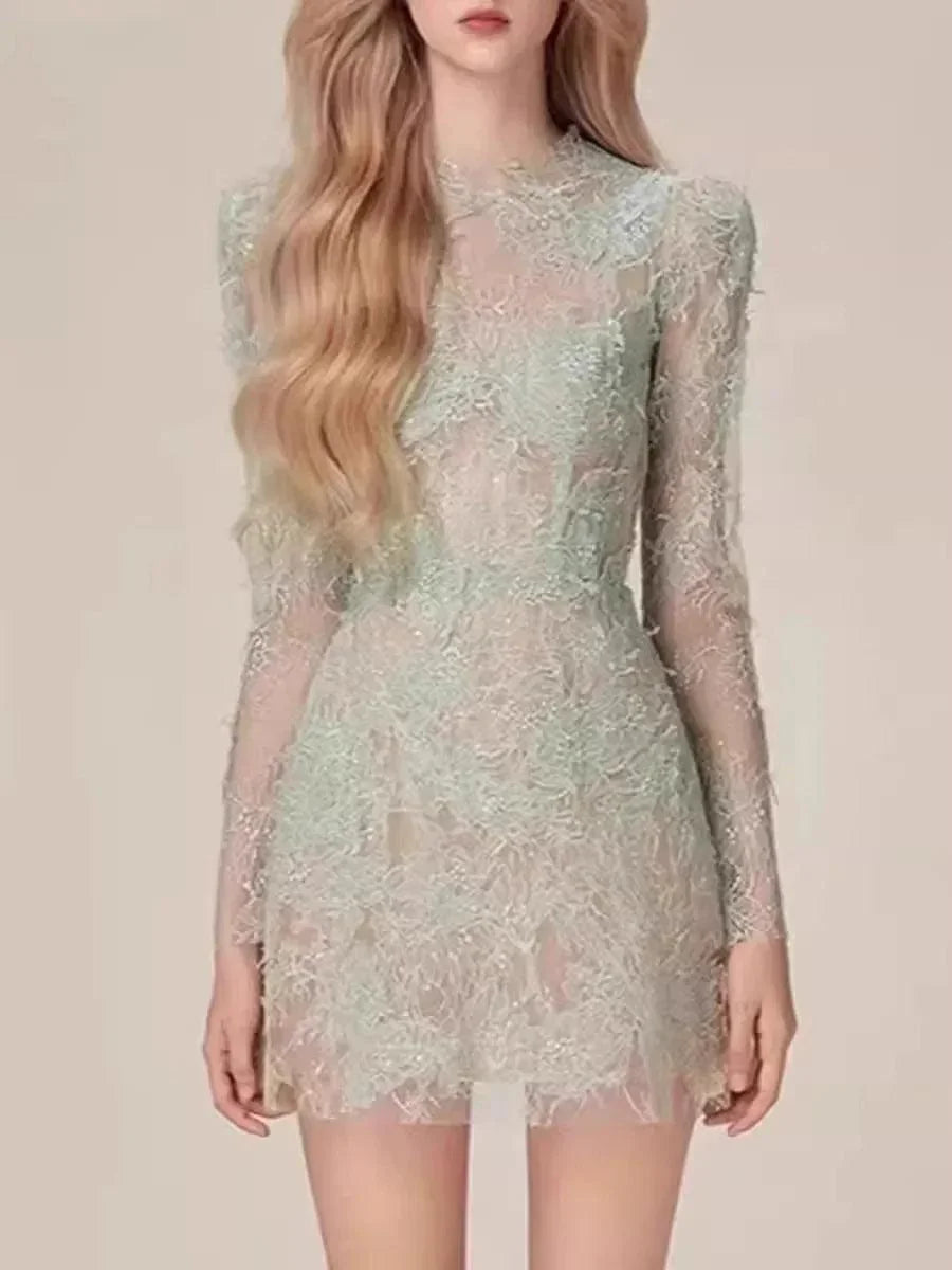 Lace Long Sleeve 3D Petal Dress – Elegant A-Line Short Dress -Guocali