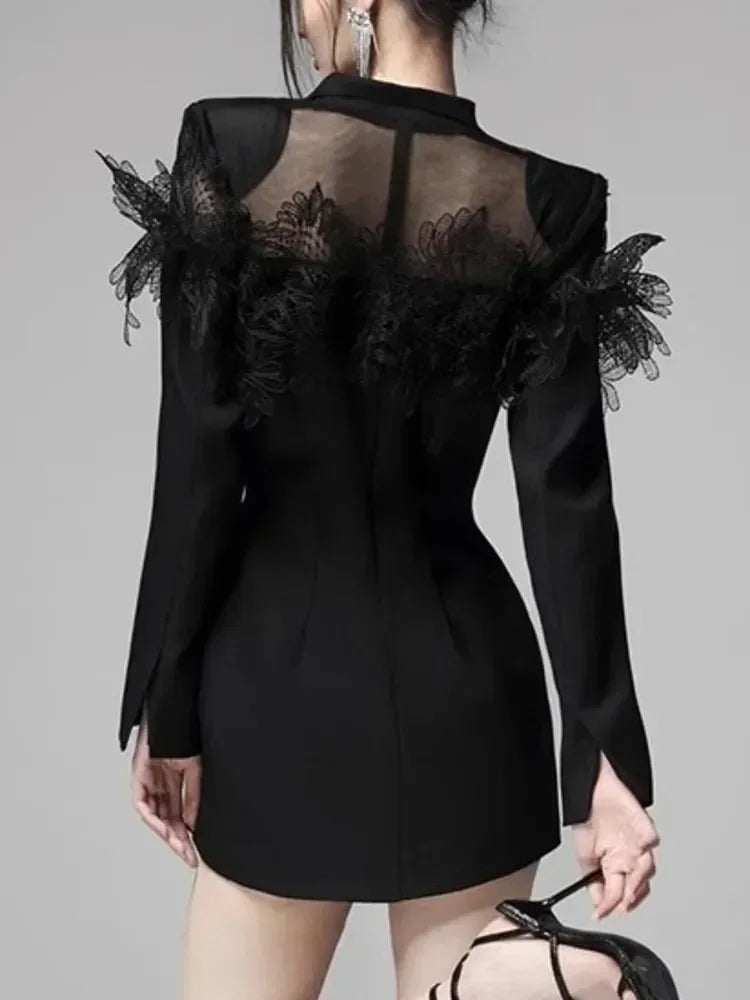 Lace Patchwork Notched Collar Blazer Dress -Guocali