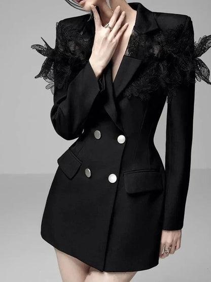 Lace Patchwork Notched Collar Blazer Dress -Guocali