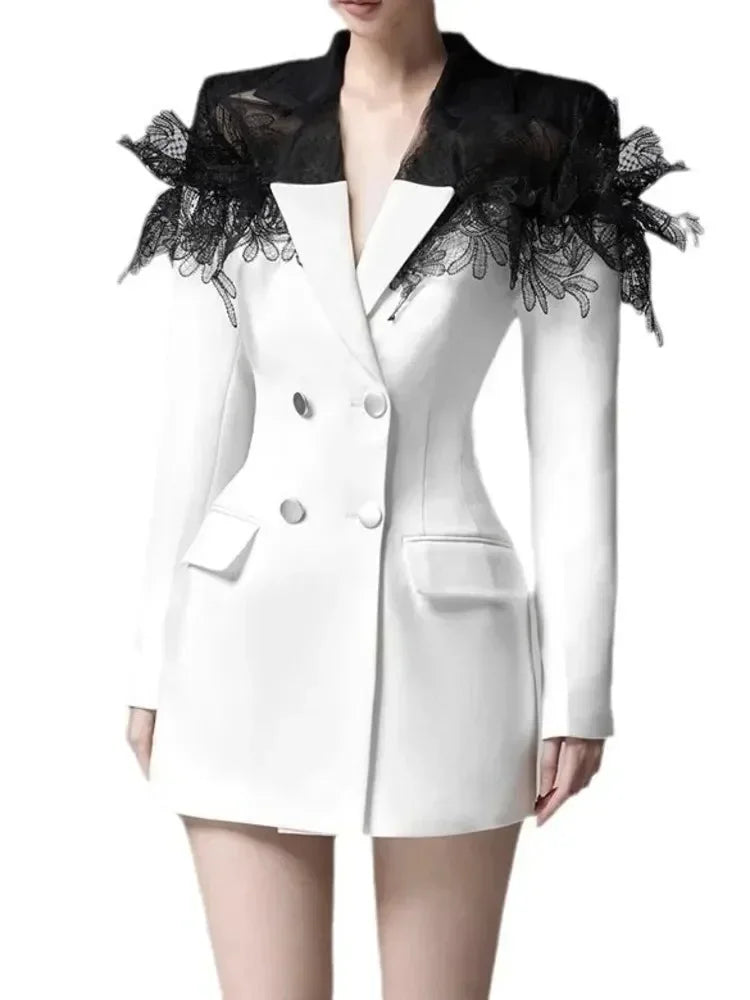 Lace Patchwork Notched Collar Blazer Dress -Guocali