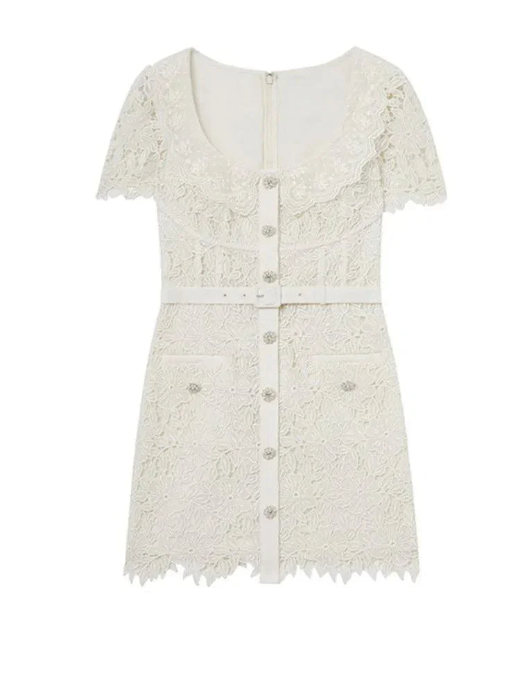 Lace Square Neck Single-Breasted Short Dress -Guocali