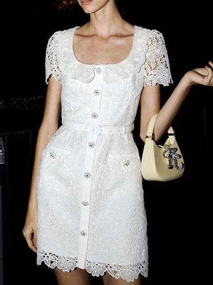 Lace Square Neck Single-Breasted Short Dress -Guocali