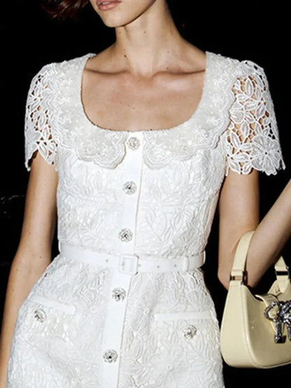 Lace Square Neck Single-Breasted Short Dress -Guocali