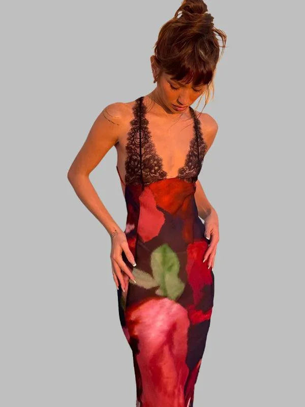 Lace Suspender Backless Bodycon Maxi Dress -Guocali