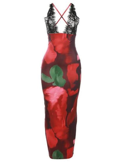 Lace Suspender Backless Bodycon Maxi Dress -Guocali