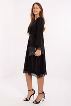 Lace V-Neck Long Sleeve Midi Wrap Dress – Black – Daydress | GUOCALI – view 2