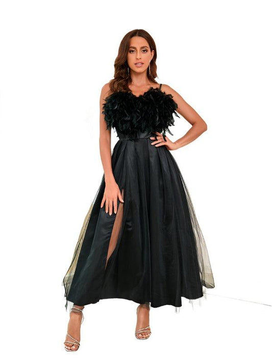 Ladies Feather Sling Mesh Party Dress - Dresses - Guocali