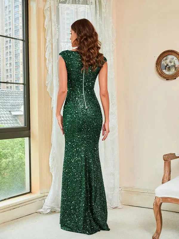 Ladies Sequin Green Sling Maxi Party Dress