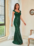 Ladies Sequin Green Sling Maxi Party Dress