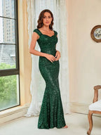 Ladies Sequin Green Sling Maxi Party Dress