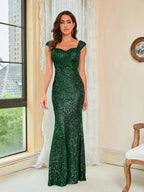 Ladies Sequin Green Sling Maxi Party Dress