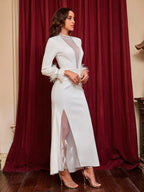 Ladies Slit Feather Party Dress