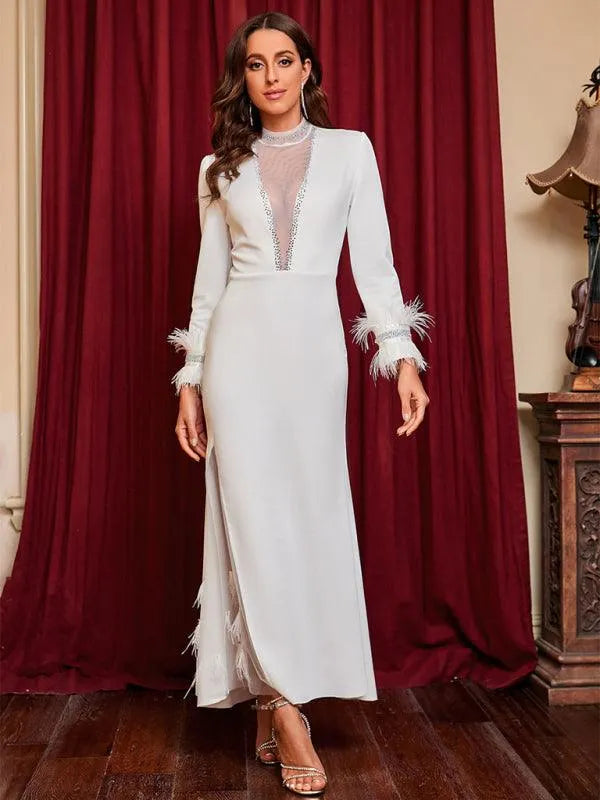 Ladies Slit Feather Party Dress -Guocali