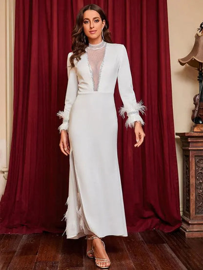 Ladies Slit Feather Party Dress -Guocali