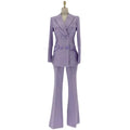 Lavender double-breasted flared pantsuit for women on mannequin, stylish trouser suit