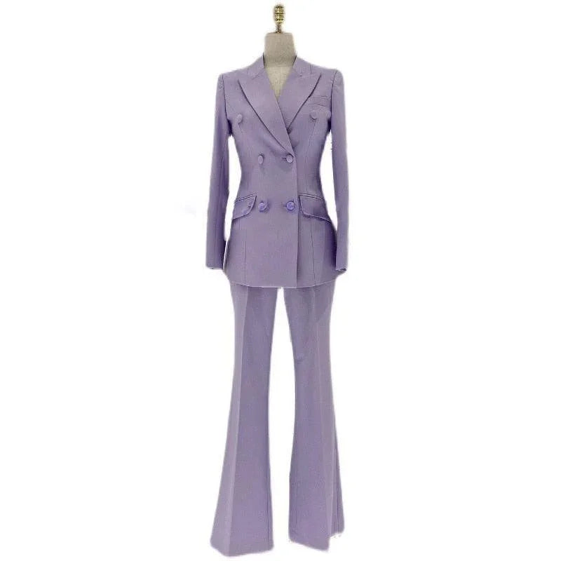 Lavender double-breasted flared pantsuit for women on mannequin, stylish trouser suit