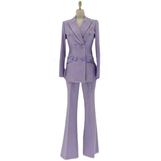 Lavender double-breasted flared pantsuit for women on mannequin, stylish trouser suit