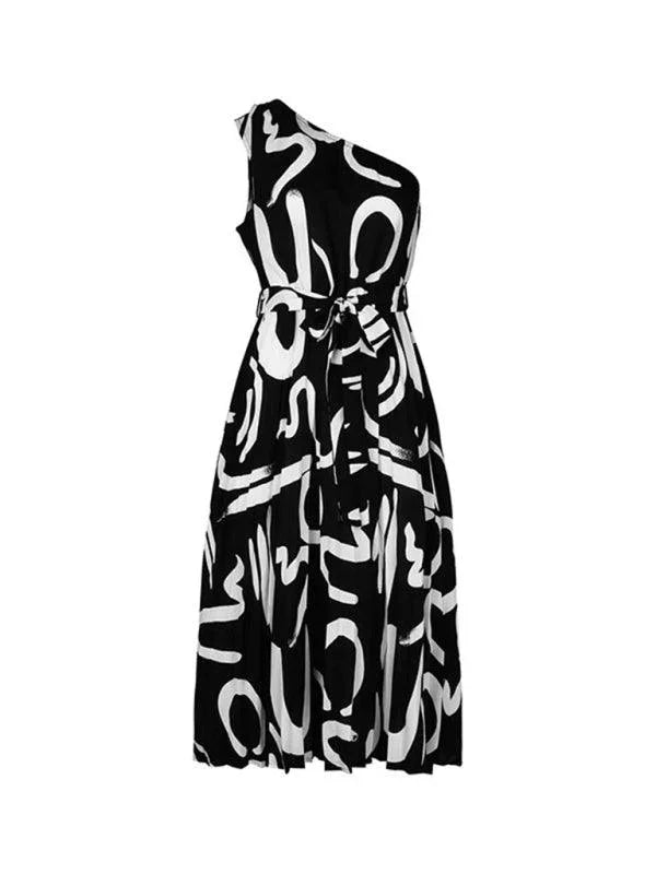 Letter Print One-Shoulder Dress Women -Guocali