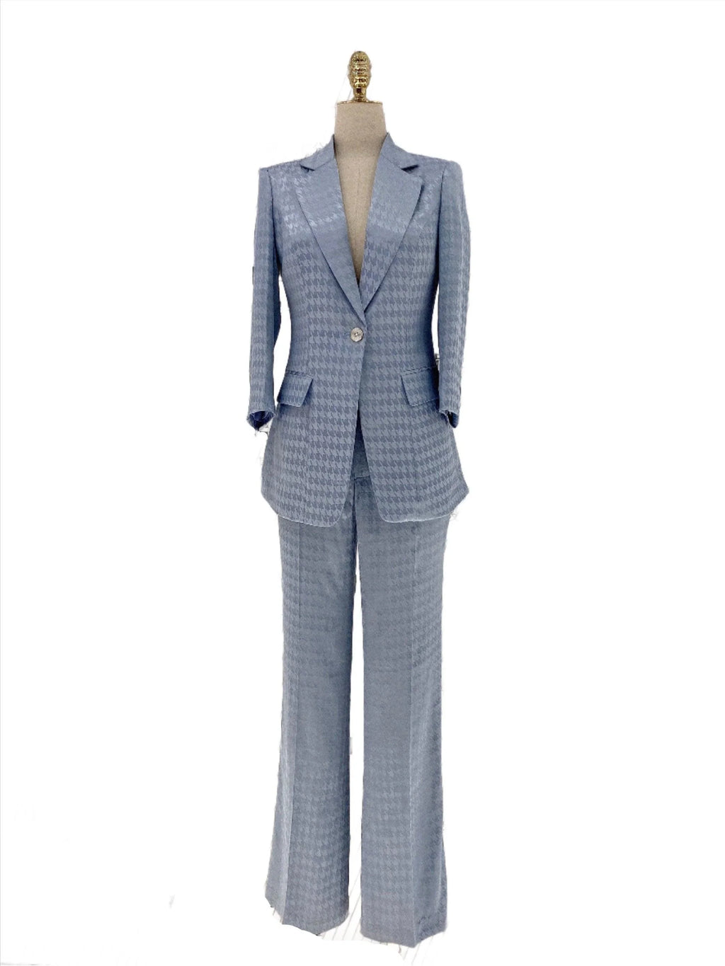 Light Blue Plaid Pant Suit, Thin Women Trouser Suit -Guocali