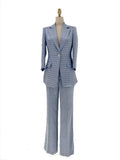 Light Blue Plaid Pant Suit, Thin Women Trouser Suit -Guocali