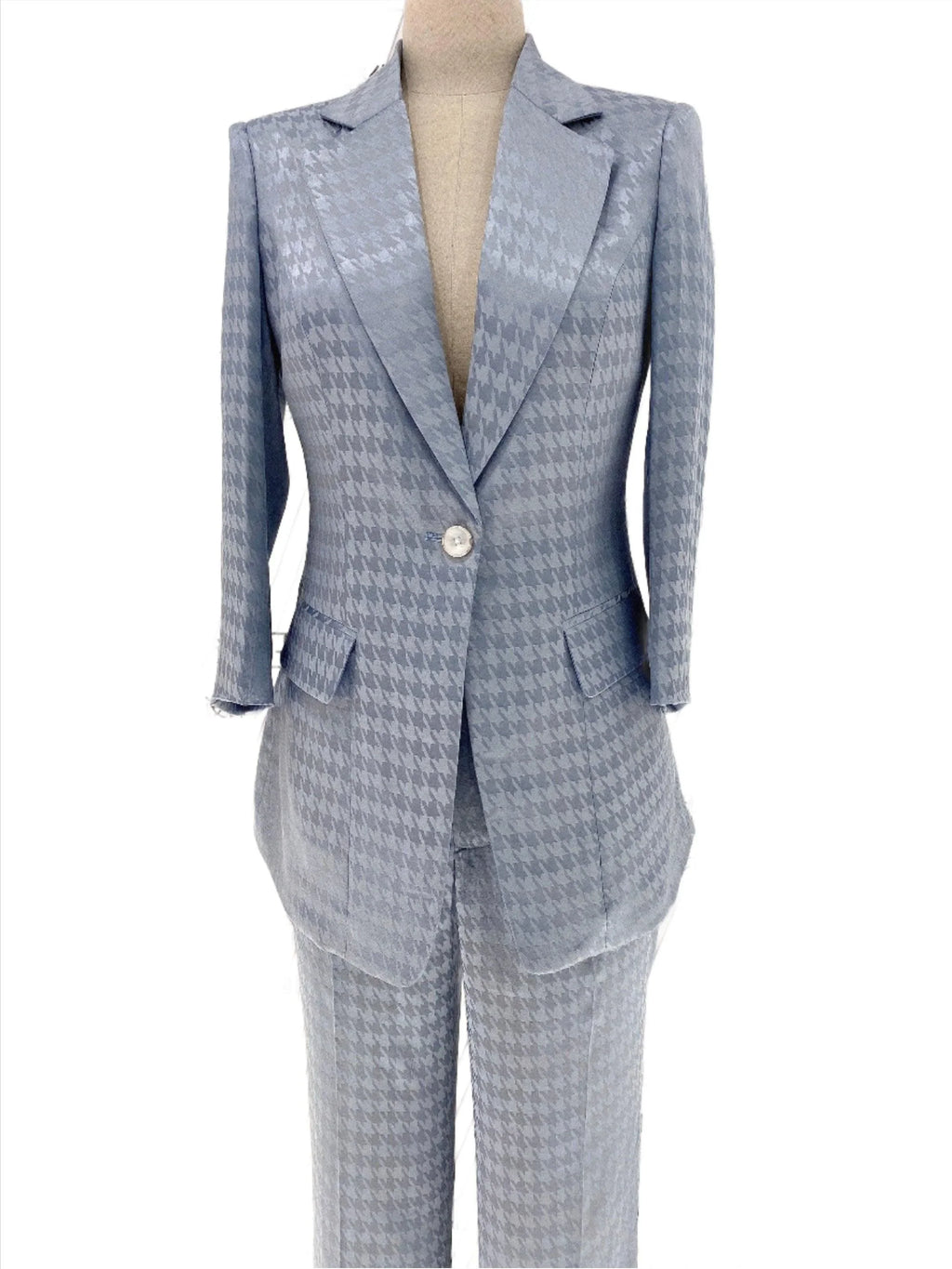 Light Blue Plaid Pant Suit, Thin Women Trouser Suit -Guocali