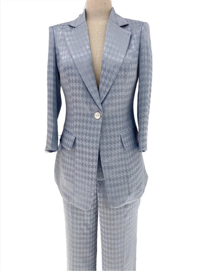 Light Blue Plaid Pant Suit, Thin Women Trouser Suit -Guocali