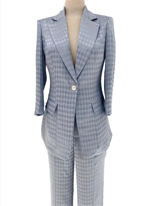 Light Blue Plaid Pant Suit, Thin Women Trouser Suit -Guocali