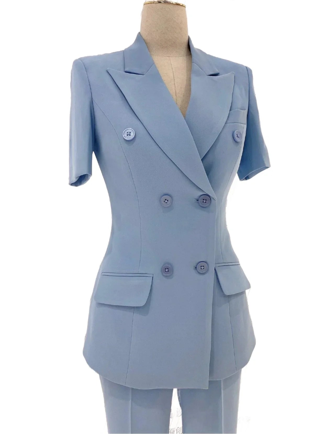 Light Blue Short Sleeve Slim Pant Suit - Thin Fabric -Guocali
