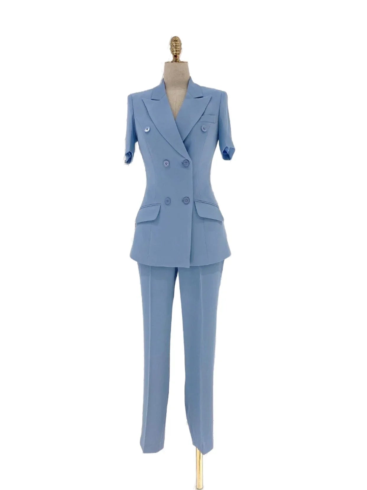Light Blue Short Sleeve Slim Pant Suit - Thin Fabric -Guocali